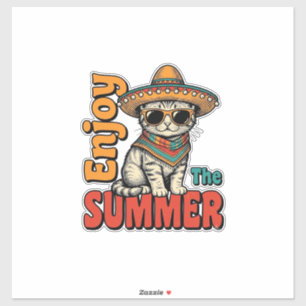 Grappige Zomer Kat Sombrero Vintage Gravure Ontwer Sticker