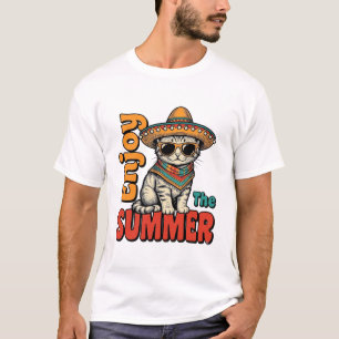 Grappige zomer kat sombrero vintage gravure ontwer t-shirt