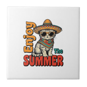 Grappige zomer kat sombrero vintage gravure ontwer tegeltje