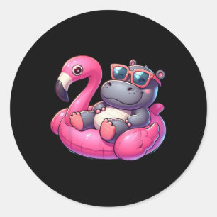 Grappige Zomer Nijlpaard Roze Zwembad Feestje Hawa Ronde Sticker