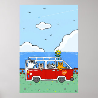 Grappige Zomer Stemming Katten Retro Surf Busje Poster