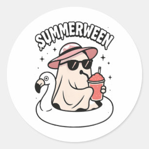 Grappige Zomer tussen Ghost Pink Drijvend in Flami Ronde Sticker