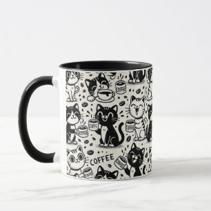Grappige zwart-witte kat die koffie drinkt mok