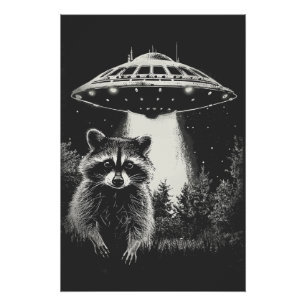 Grappige Zwart-Witte Ruimte Wasbeer UFO Perfect Poster