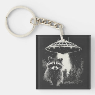 Grappige Zwart-Witte Ruimte Wasbeer UFO Sleutelhanger