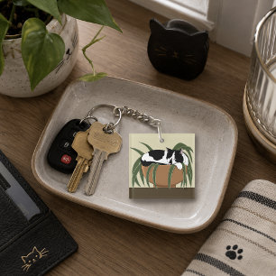 Grappige Zwart-Witte Tuxedo Kat Slapend in Huispla Sleutelhanger