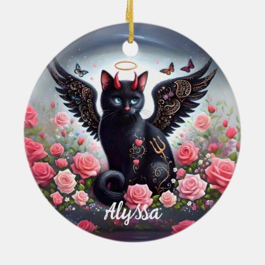 Grappige zwarte demon en engel kat keramisch ornament (Achterkant)