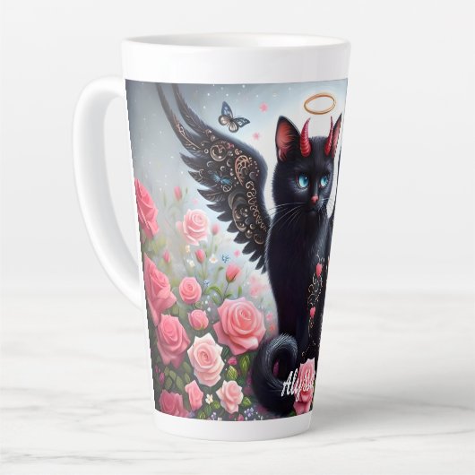 Grappige zwarte demon en engel kat latte mok (Linkerhoek)
