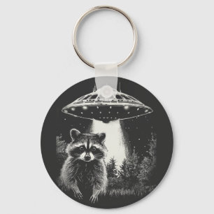 Grappige zwarte en witte ruimte wasbeer UFO Sleutelhanger