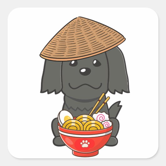 Grappige zwarte hond eet noedels vierkante sticker (Voorkant)