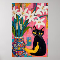 Grappige zwarte kat Banaan en bloemenvaas