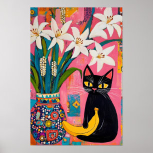 Grappige zwarte kat Banaan en bloemenvaas Poster