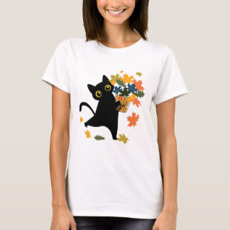 grappige zwarte kat blad val hallo herfst t-shirt