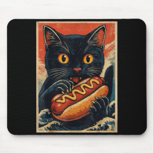 Grappige zwarte kat die hotdog eet retro Japans Muismat