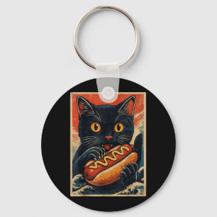 Grappige zwarte kat die hotdog eet retro Japans Sleutelhanger