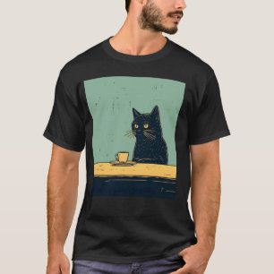 Grappige zwarte kat die ontspant met koffie retro t-shirt