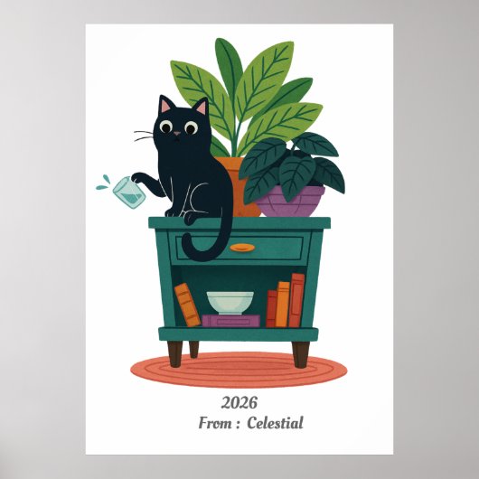 Grappige zwarte kat die over glas klopt poster (Voorkant)