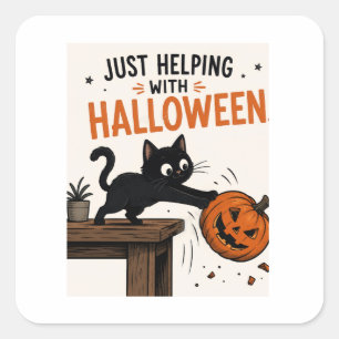 Grappige Zwarte Kat die Pompoen omver gooit Hallow Vierkante Sticker