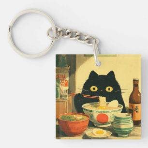 Grappige zwarte kat die ramen eet Japanse vintag Sleutelhanger