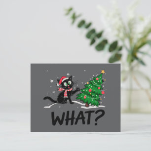 Grappige zwarte kat duwen kerstboom kat Wat? Feestdagenkaart