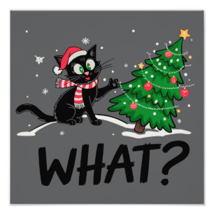 Grappige zwarte kat duwen kerstboom kat Wat? Foto Afdruk