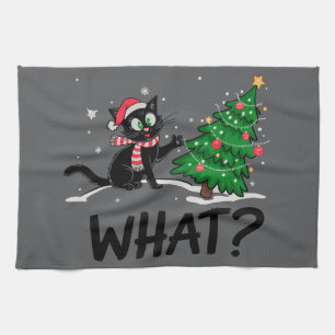 Grappige zwarte kat duwen kerstboom kat Wat? Theedoek