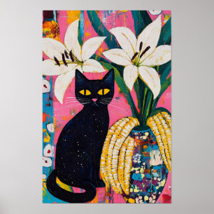 Grappige zwarte kat en bloemenvaas poster