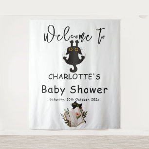 Grappige Zwarte Kat en Boek Baby Shower Achtergron Wandkleed