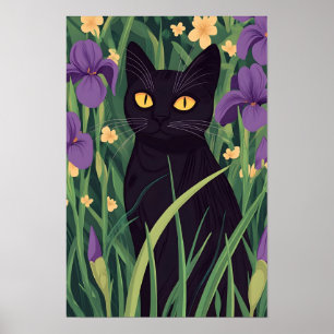 Grappige zwarte kat en mooie bloem poster