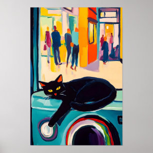 Grappige zwarte kat en wasmachine poster