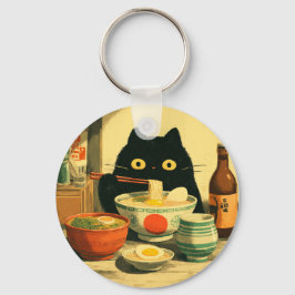 Grappige zwarte kat eten Ramen | japanse Vintage Sleutelhanger