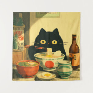 Grappige zwarte kat eten Ramen japanse Vintage Wandkleed