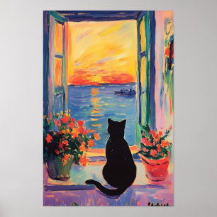 Grappige zwarte kat genietend van de zonsondergang poster