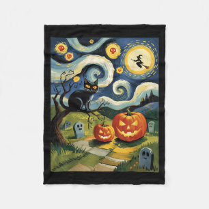 Grappige Zwarte Kat Halloween Sterrennacht Schilde Fleece Deken