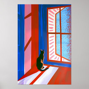Grappige zwarte kat in het raam poster