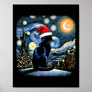 Grappige zwarte kat kerstmuts kerstavond vrolijk c poster