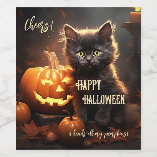 Grappige zwarte kat kitten Halloween Wijn Etiket (Enkel label)