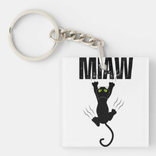 Grappige Zwarte Kat Krabt "MIAW" Grafisch Vierkant Sleutelhanger