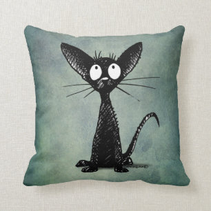 Grappige Zwarte Kat Kunst op een Vintage Blauw Gro Kussen