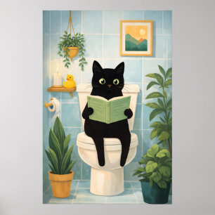 Grappige zwarte kat lezend op toilet badkamer prin poster