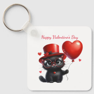 Grappige zwarte kat met ballonnen Valentijnsdag Sleutelhanger