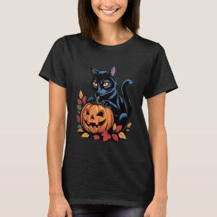 Grappige zwarte kat met pompoen retro Halloween gr T-shirt