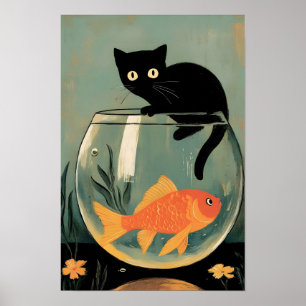 Grappige zwarte kat met vis poster