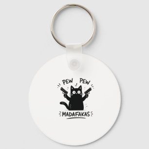 Grappige zwarte kat Pew Pew ontwerp Sleutelhanger