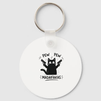 Grappige zwarte kat Pew Pew ontwerp Sleutelhanger