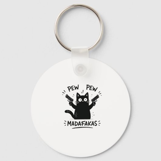 Grappige zwarte kat Pew Pew ontwerp Sleutelhanger (Voorkant)