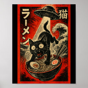 Grappige Zwarte Kat Ramen Alien Ufo Ontvoering Jap Poster