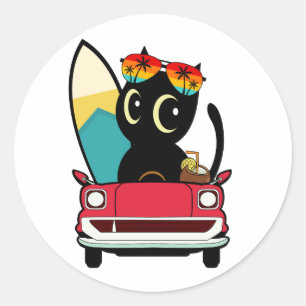 Grappige Zwarte kat rijdt naar het strand Ronde Sticker