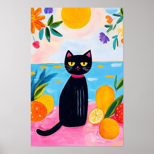 Grappige Zwarte Kat Vers Fruit en Zee Poster (Voorkant)