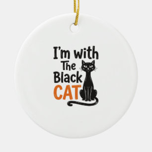 Grappige Zwarte Kat Vintage Gravure Halloween Desi Keramisch Ornament